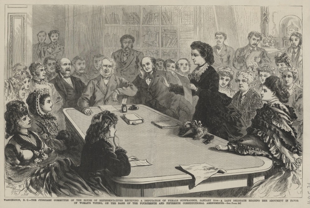 Image of Victoria Woodhull speaking to politicians